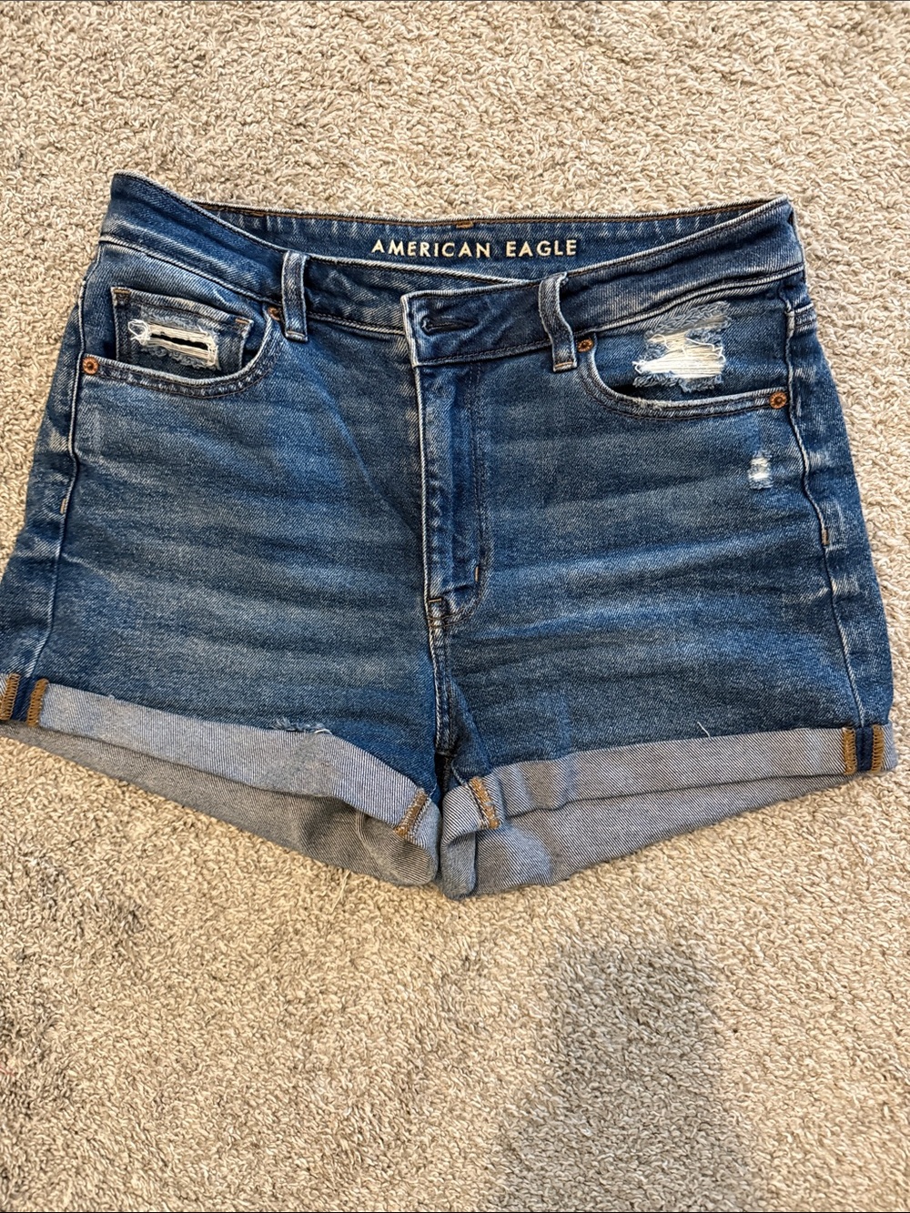 American Eagle Outfitters Blue Distressed Rolled Hem Denim Shorts